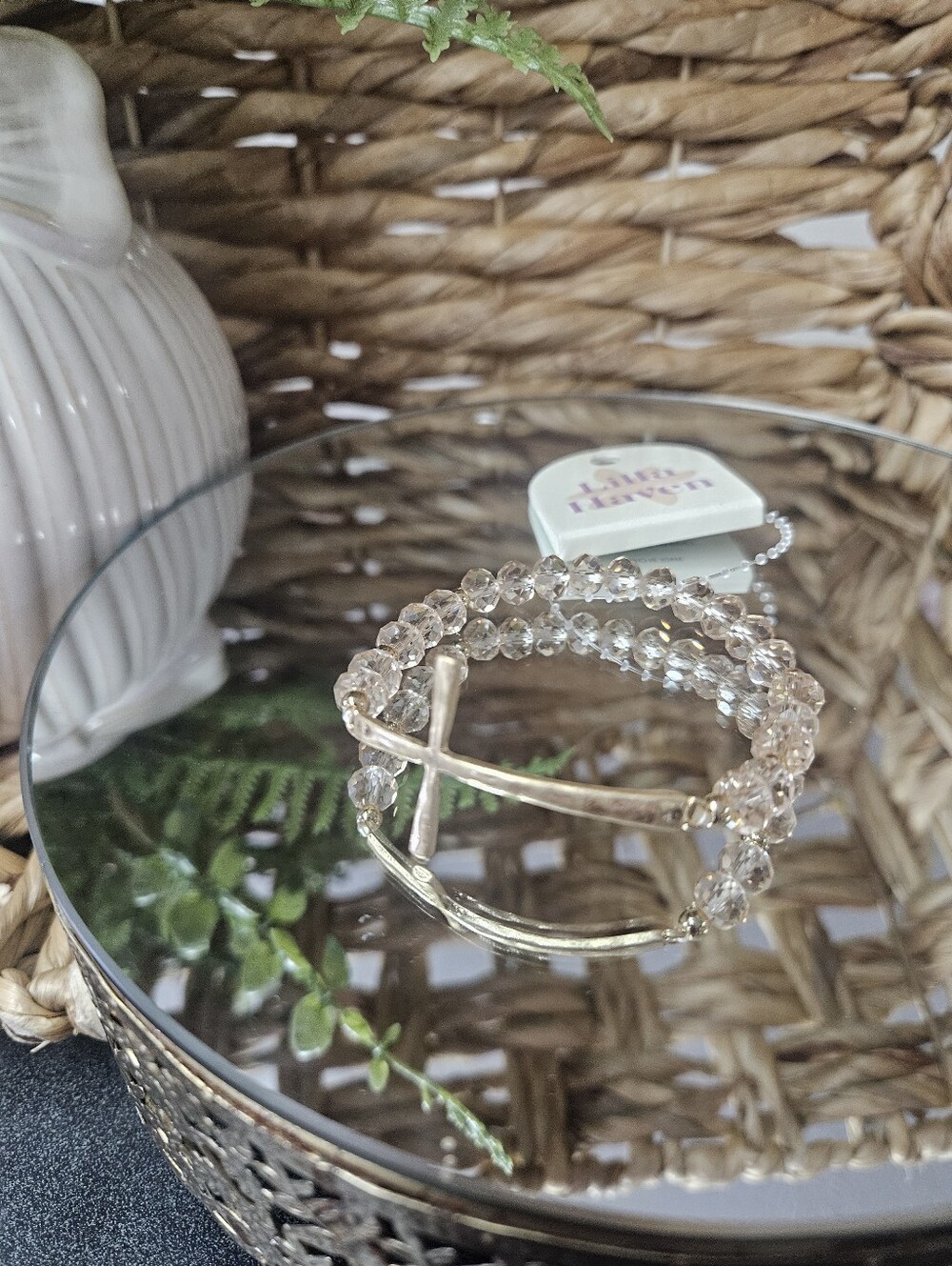 Elegant Glass Beaded Cross Stretch Bracelet - Blush Color